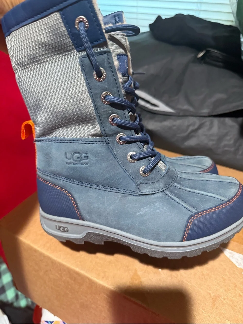 UGG Kids Navy Blue and Gray Snow Boots with Orange Loop waterproof